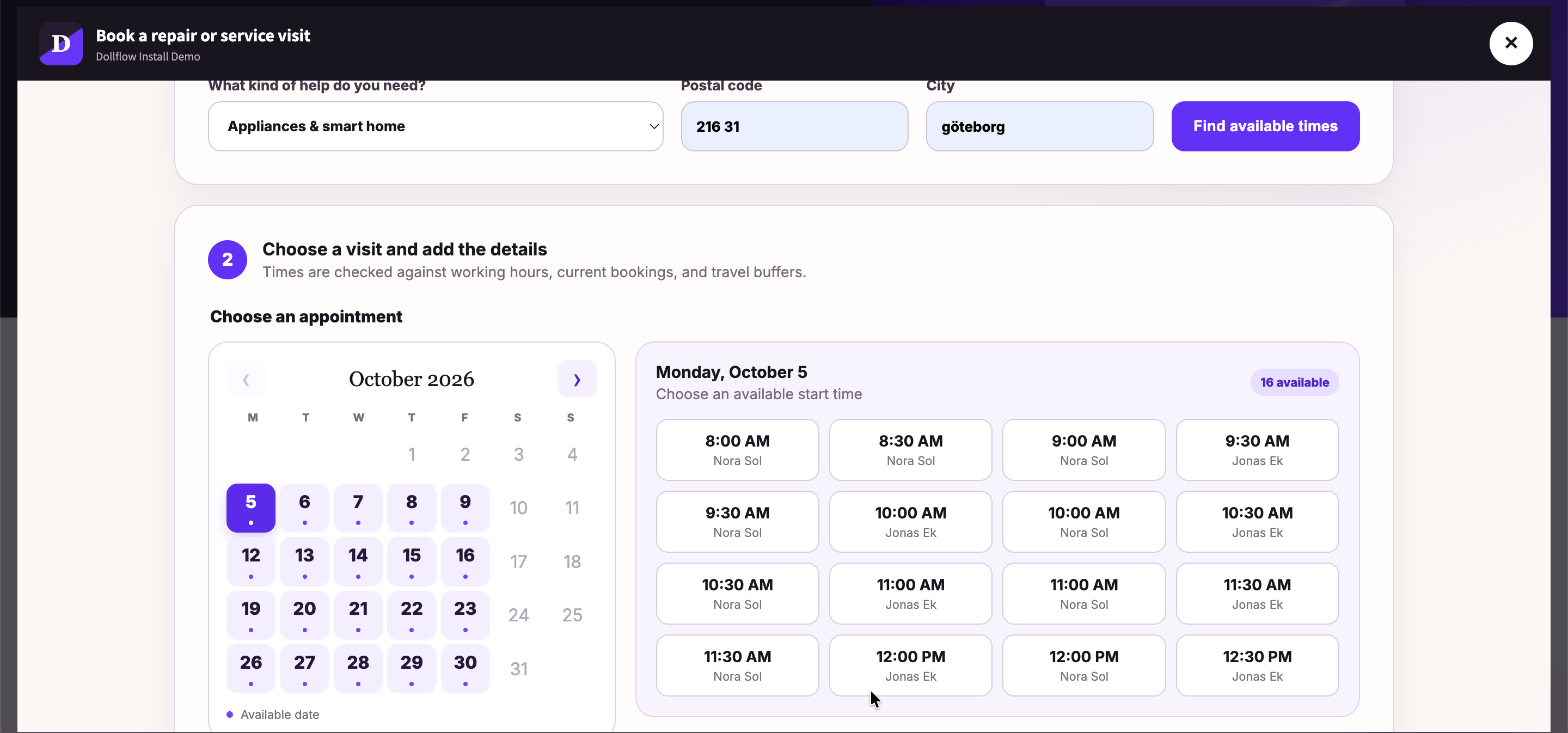 Show real appointment times after checking the team, location, schedule, and travel buffers.