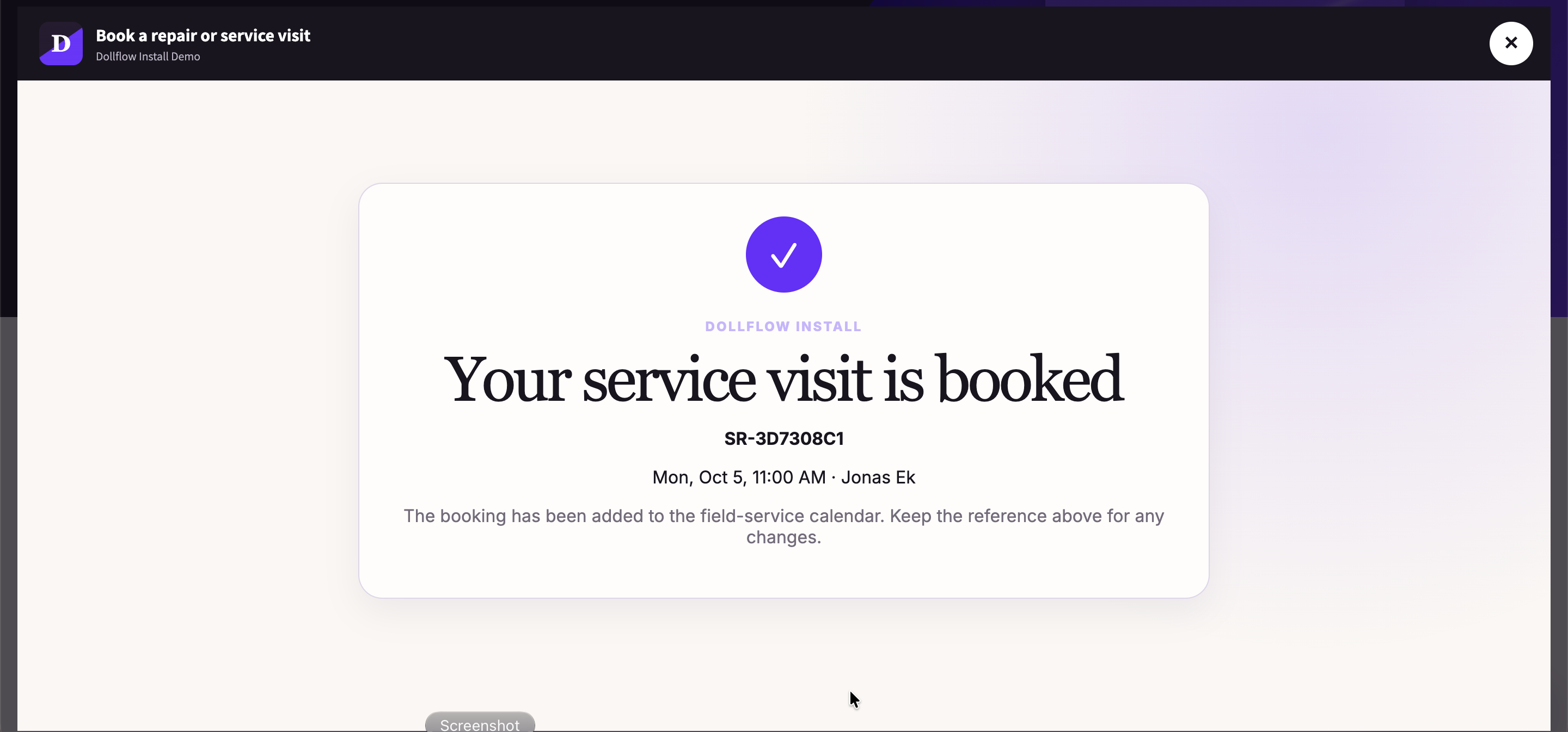 Confirm the job reference, technician, and appointment for the customer.