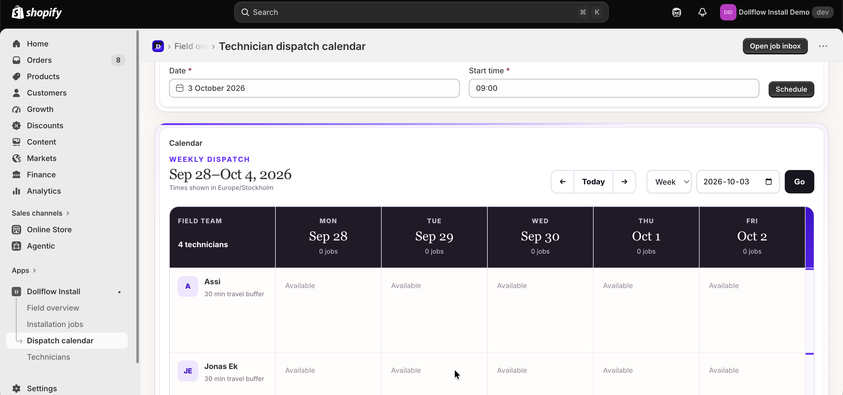 See technicians, availability, and scheduled work together.