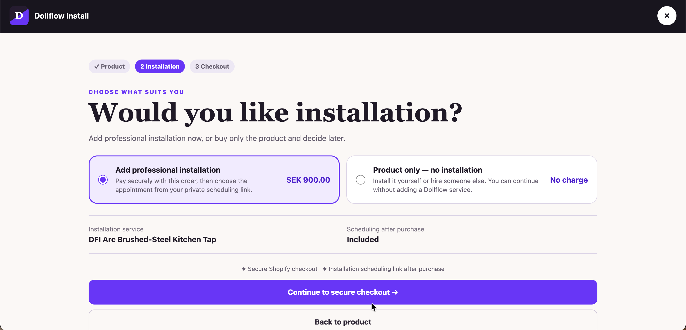 Choose professional installation or continue with the product only.