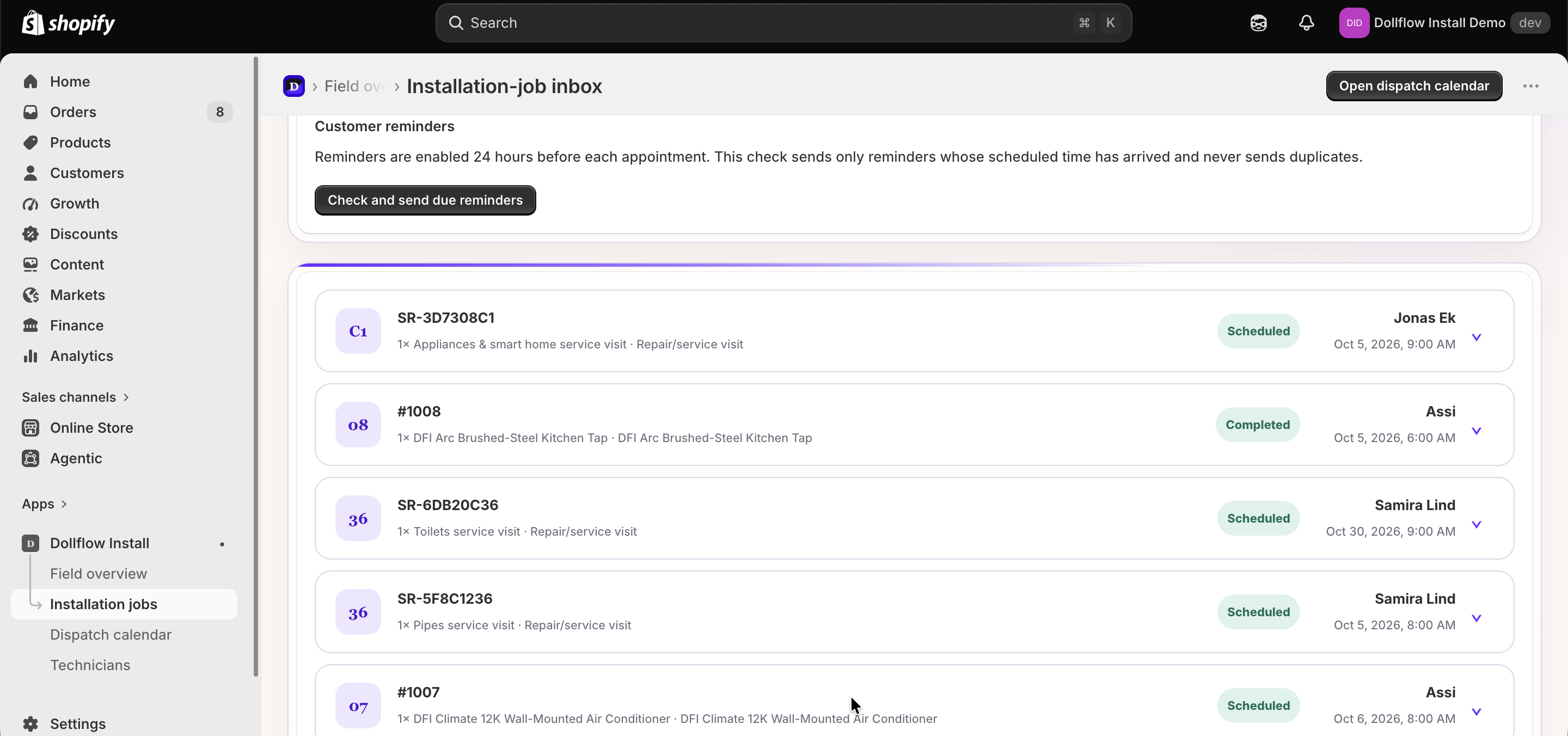 Review every installation job and its status in one operational inbox.