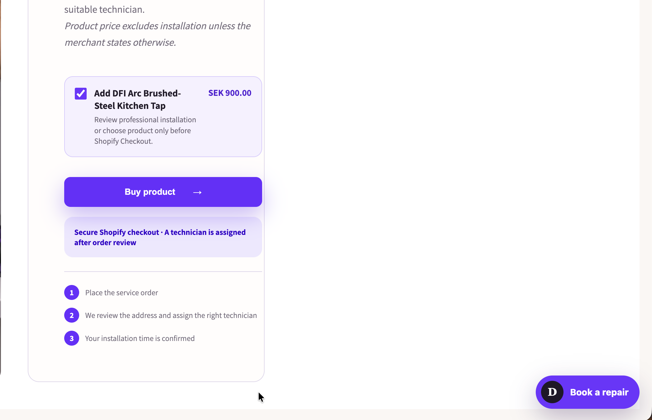 Customers can add professional installation directly from a connected product page.