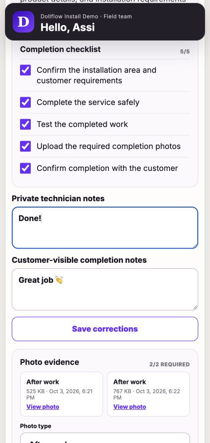 Complete the checklist, write notes, and upload required photo evidence from a phone.